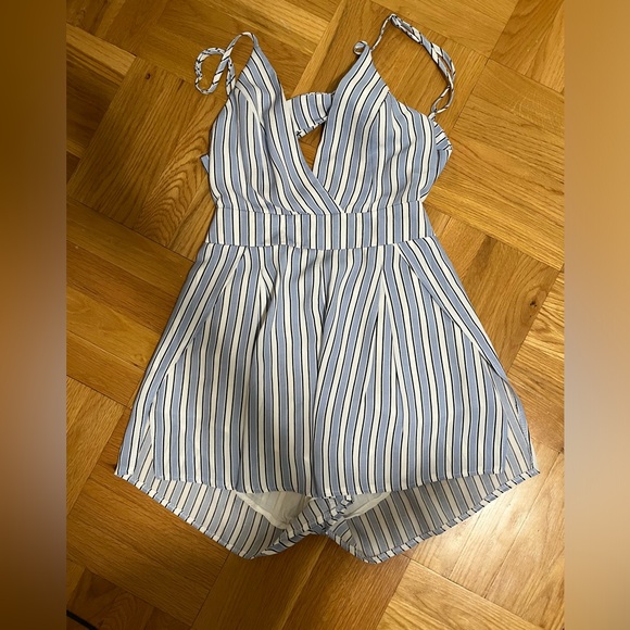Seek The Label Blue Ivory Faux Wrap Striped Romper, Small - Picture 3 of 4